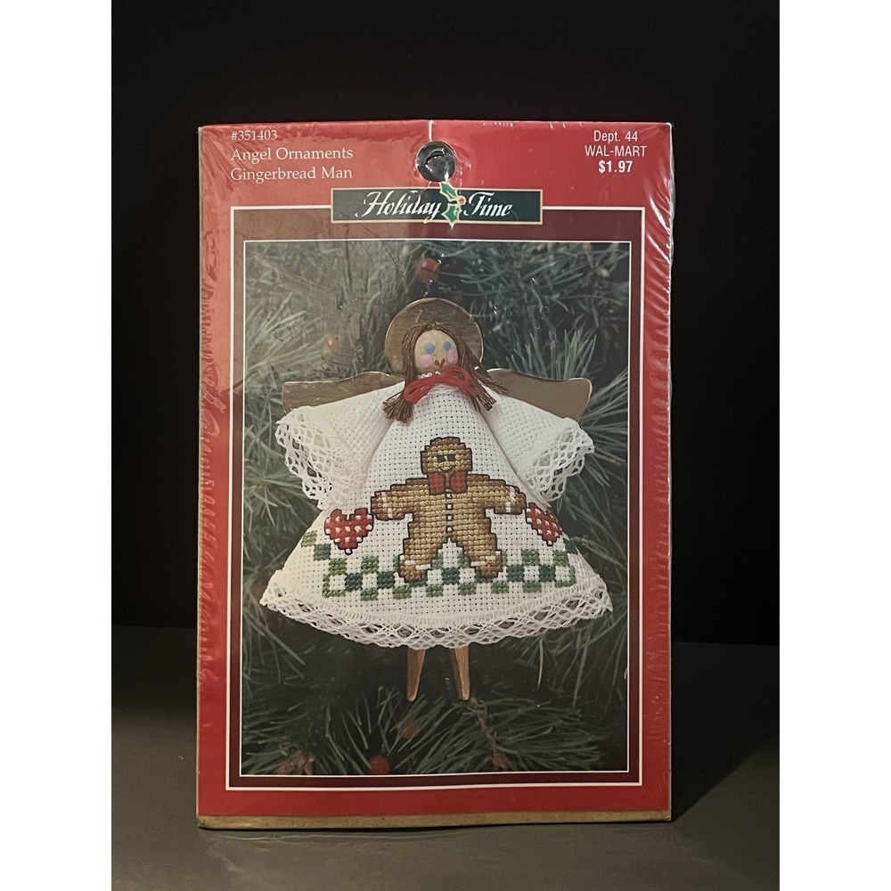 Vintage 90s Holiday Time Cross Stitch Angel Ornament Kit Gingerbread Man New